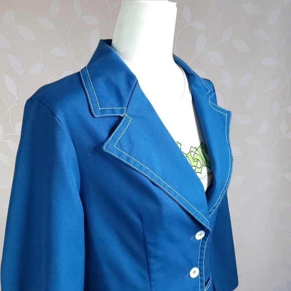 Vintage 70s Koratron Contrast Stitch Blazer Chore Jacket Koret Cerulean Blue Sm - Picture 8 of 16